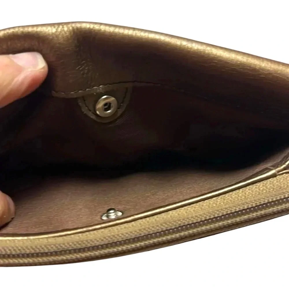 Fossil metallic bronze pleated leather zip wallet
